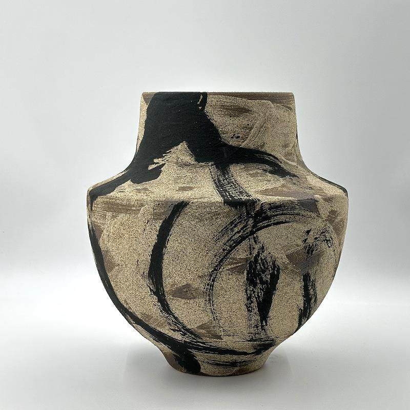 中古侘寂风水墨陶瓷花瓶家居样板间软装粗陶罐插花器桌面玄关摆件,淘宝优惠券,粉丝福利购,淘宝优惠卷