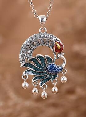 网红 925银吊坠 复古国风优雅民族银凤凰耳坠女款银饰套装礼物