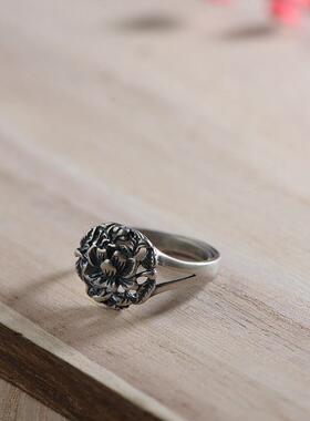 网红- S925银复古泰银 时尚牡丹花开口大小版女款银戒指
