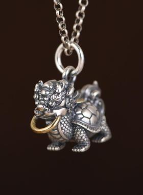 网红- S925银瑞兽龙龟吊坠 复古做旧吊饰挂件龙头龟身赑屃银饰
