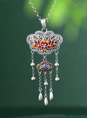 网红-S925银首饰套装优雅气质滴油莲花女款如意银锁吊坠戒指耳坠