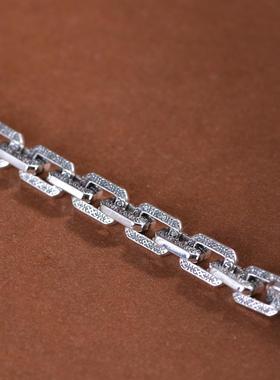 网红- S925银复古个性锁链扁O链粗6mm 20cm长男款手环手链银链