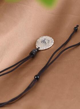 网红- 足银吊坠 复古磨砂锤纹水滴太极图银牌支持刻字套链银佩饰