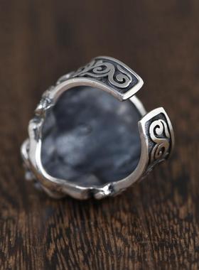 网红-S925银复古泰银工艺戒指跨境销售开口貔貅饕餮银饰指环