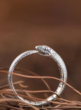 网红- S925银戒指 复古做旧潮人时尚银蛇素圈开口女戒指环新品