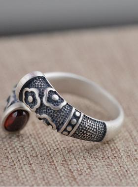 网红-S925银复古泰银工艺戒指开口女款金箍棒银指环跨境饰品