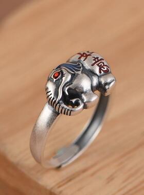 网红- S925银戒指 复古做旧如意吉象银饰指环文艺气质女戒饰