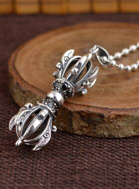 网红- S925银复古工艺diy手工挂件吊饰男款泰银镶锆石金刚杵吊坠