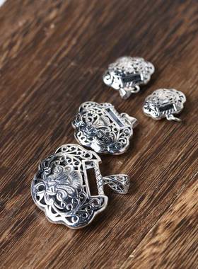 网红- S925银复古镂空如意富贵锁子红绳挂坠 女泰银锁骨链项链坠