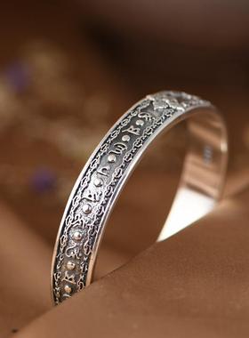 网红- S925银手镯 复古云纹十字金刚杵梵文文字贵妃口女款银镯子