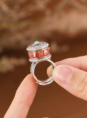网红-S925银戒指镂空如意开口指环旋转八吉祥可转动经文藏式指环