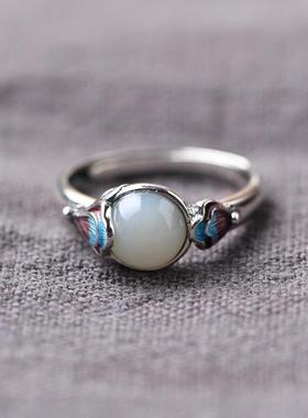 网红- S925银文艺气质景泰蓝南红玛瑙指环 女气质和田玉开口戒指