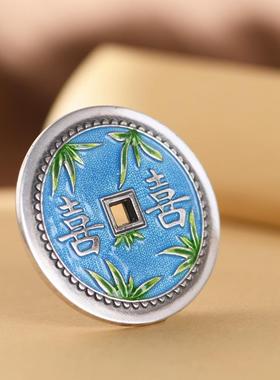 网红 足银珐琅老银工艺大钱花钱手工编绳吊饰挂件银钱吊饰配饰