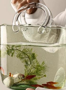 包包玻璃花瓶手提包轻奢高级感透明水培插花养鱼缸客厅摆件装饰品