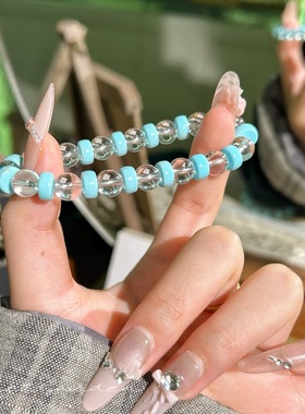 日本品质天然白水晶8mm撞色搭配绿松石小隔珠复古感超显白送闺蜜