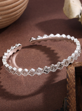 日本品质白铜镀银手镯波浪碎冰冰车花手镯菱格银镯闭口实心手环银