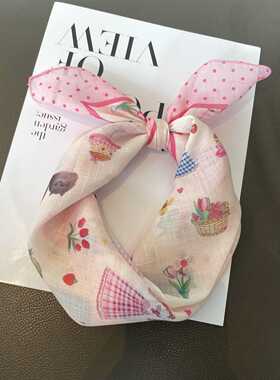 甜品派对粉色丝巾时尚小方巾女春夏天装饰护颈领巾包头棉麻小围巾