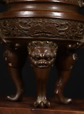 速发仿苏古工纯铜螭龙耳灵芝薰三足钮香炉 纯铜三足香炉