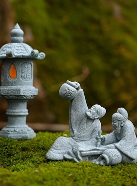 速发盆景假山鱼缸中笼小亭观造景装饰品微景子古风发光石灯式摆件