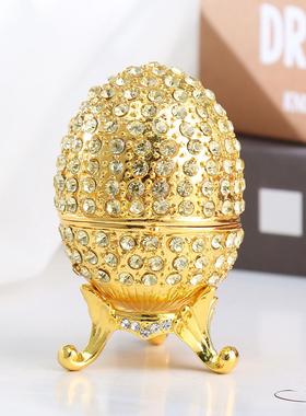 珐琅彩镶钻手工彩绘合金首饰盒镀金满钻鸡蛋形状工艺品家居摆件