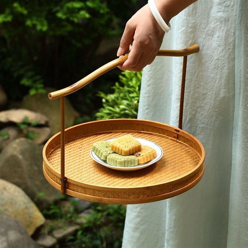 复古竹编大漆提篮j筇竹编织水果茶具点心小号收纳筐中式手提便携,淘宝优惠券,粉丝福利购,淘宝优惠卷