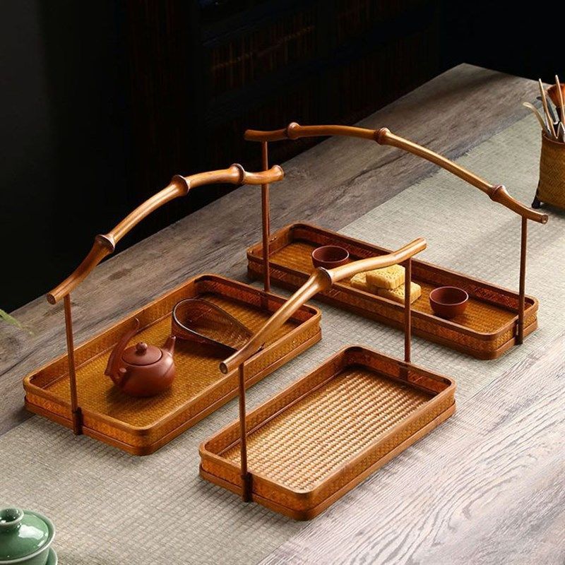 复古竹编大漆提篮j筇竹编织水果茶具点心小号收纳筐中式手提便携,淘宝优惠券,粉丝福利购,淘宝优惠卷