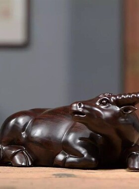 速发卧檀木雕牛摆件红木居牛十二生肖牛气冲天实木雕刻家黑饰品工