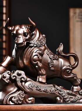 黑檀实木雕刻牛摆件木头根雕生肖牛财运如虹商务送礼家居装饰摆设