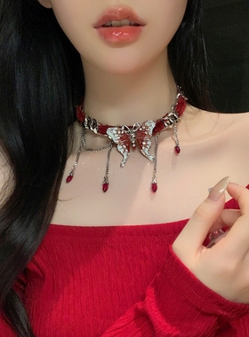 红色蝴蝶项圈个性小众项链女颈链choker饰锁骨链脖颈链圣诞节