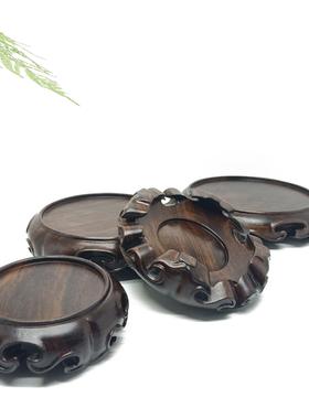 黑紫木圆形如意花板中式摆件陶瓷摆件底座手工木质家居工艺品雕刻