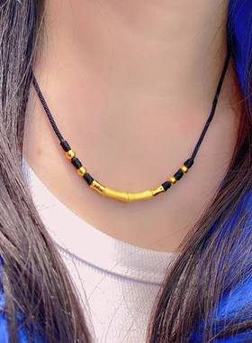 竹节项链小众设计镀金节节高升编织金珠黑绳吊坠送女朋友礼物饰品