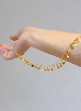 古法黄金色圆珠片项链女轻奢小众设计高级感流苏锁骨链情人节送女