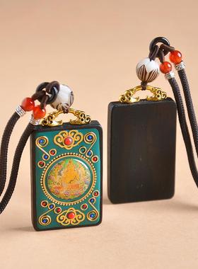 黄财神檀木唐卡吊坠纯手工镶嵌招财进宝项链男女民族风毛衣链饰品