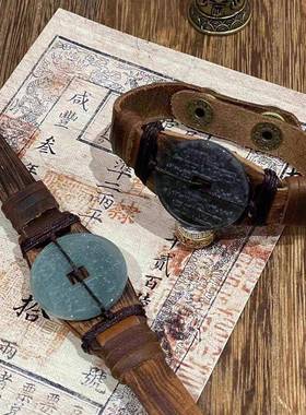 乌翡纳道山鬼花钱手链头层牛皮手环天然翡翠男女同款本命年新中式