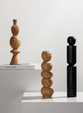 创意几何木雕木头艺术装饰品摆件中古风现代侘寂壁龛书房拍摄道具
