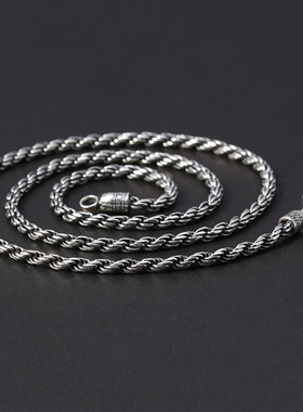 纯银扭纹项链4.5mm宽复古龙头扣项链男女通用百搭平安扣银链子