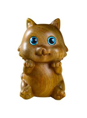 绿檀木可爱小猫文玩摆件 家居书桌办公室墙壁柜子 雕刻动物手把件