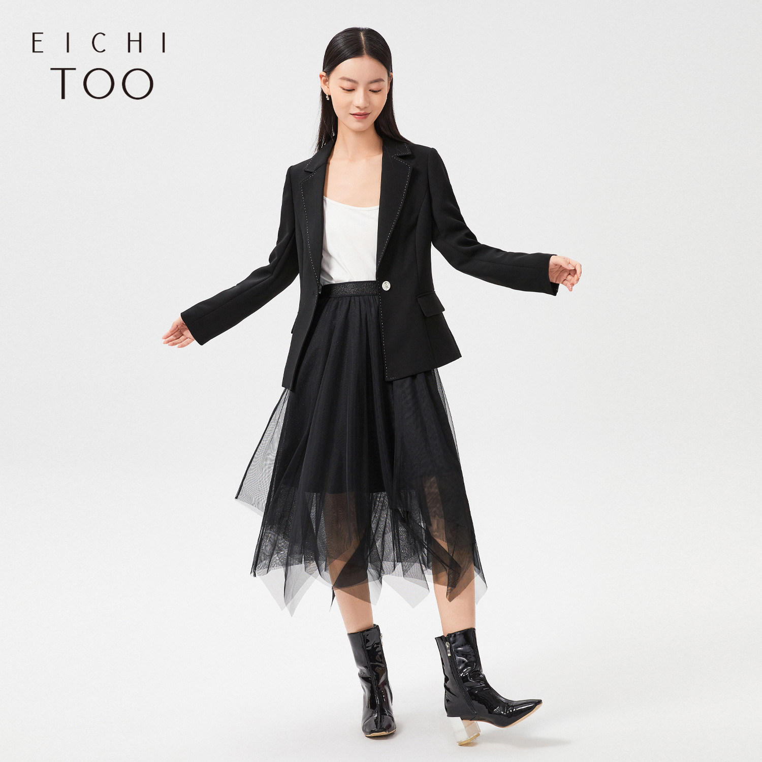 爱居兔西装裙子套装女春季办公室通勤西服搭配网纱半裙套装女,淘宝优惠券,粉丝福利购,淘宝优惠卷