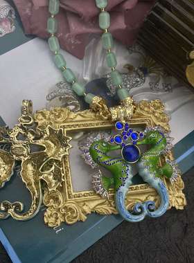 蜜南中古Vintage 珐琅工艺镶嵌捷克钻琉璃珠双海马吐泡泡磁吸吊坠