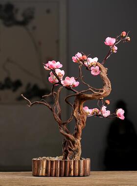 手工风化木摆件中式禅意仿真桃花枯木摆件茶宠摆件创意装饰底座