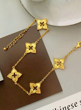 古法拉丝四叶草手链 女纯银镀18K黄金色镂空花丝手环手饰百搭时尚