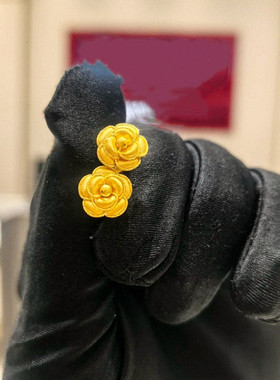 复古浪漫绽放丝绒玫瑰花耳钉 女纯银镀18K黄金色花朵耳环耳饰设计