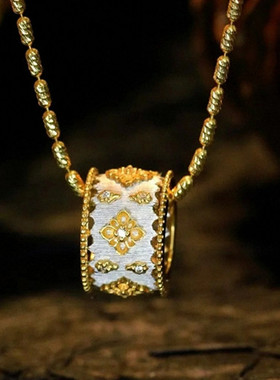 意大利拉丝雕金路路通小蛮腰项链女纯银镀黄金色镶钻锁骨链复古潮