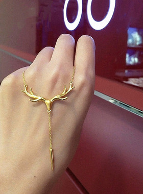 发财有鹿流苏鹿角项链 女纯银镀18K黄金色镶钻锁骨链简约高级礼物