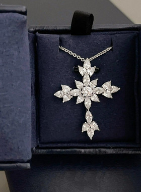 雪花十字架项链女纯银白金满钻花式切割仿真钻锁骨链高级感设计