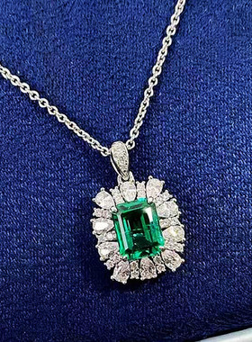 哥伦比亚祖母绿宝石项链女纯银白金推方满钻方形吊坠锁骨链高级潮