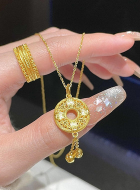 周先生平安扣项链 女纯银镀18K黄金色流苏镂空回纹锁骨链设计国风