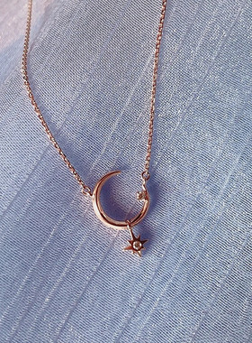 月亮吊星项链女纯银玫瑰金镶钻半月星星流苏吊坠锁骨链简约时尚潮