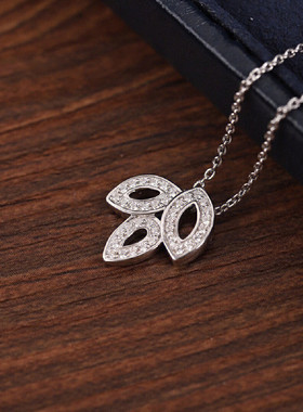 Lily三叶草项链 女纯银白金满钻百合花簇马眼树叶锁骨链简约潮