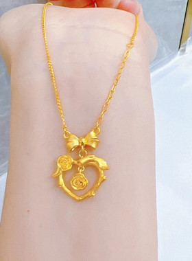 心动玫瑰花项链 女纯银镀18K黄金色蝴蝶结爱心锁骨链复古国风高级